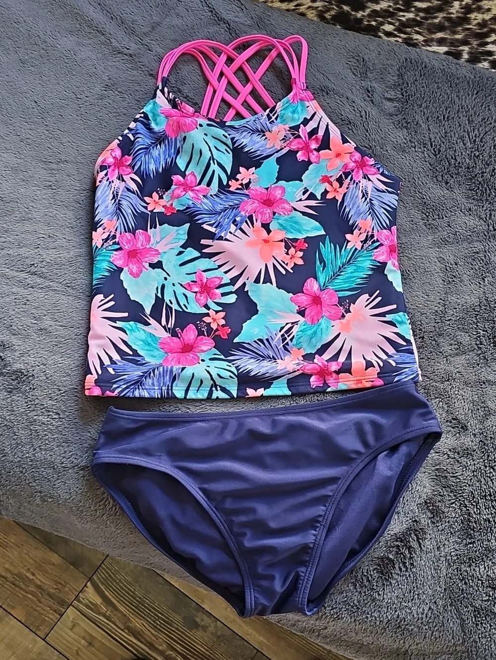 Cat & Jack Navy Floral Tankini with Bright Pink Strappy Back